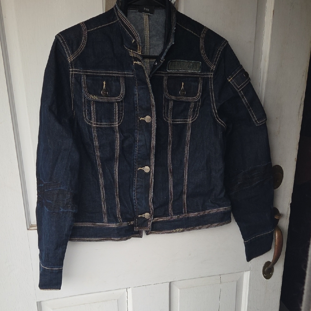FUBU Dark Blue Jean Jacket with White Stitching Y2k